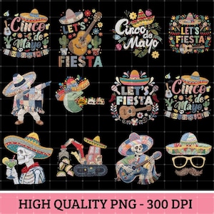 Cinco de Mayo PNG Bundle | Faux Embroidery Let’s Fiesta Sublimation | Retro Skeleton Taco PNG | Quilt Patchwork Mexican Heritage Designs