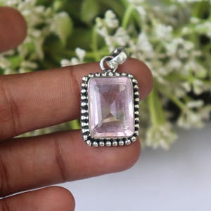 Rose Quartz Pendent, 925 Sterling Silver, Emerald Cut Gemstone, Beaded Bezel Necklace, Pink Gemstone Jewelry, Healing Crystal Gift for Her