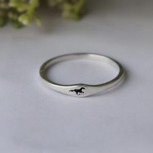 Op de afbeelding: Een zilveren ring met een zwart paard silhouet. De ring heeft een gepolijste afwerking en een minimalistisch ontwerp. Het paard wordt in beweging afgebeeld, wat een dynamisch element toevoegt. Een stijlvol accessoire voor paardenliefhebbers.