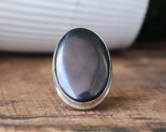Oval Black Hematite Ring, 925 Sterling Silver Statement Jewelry, Boho Style