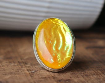 Yellow Fire Triplet Opal Ring, Sterling Silver, Oval Cut Gemstone, Statement Cocktail Ring
