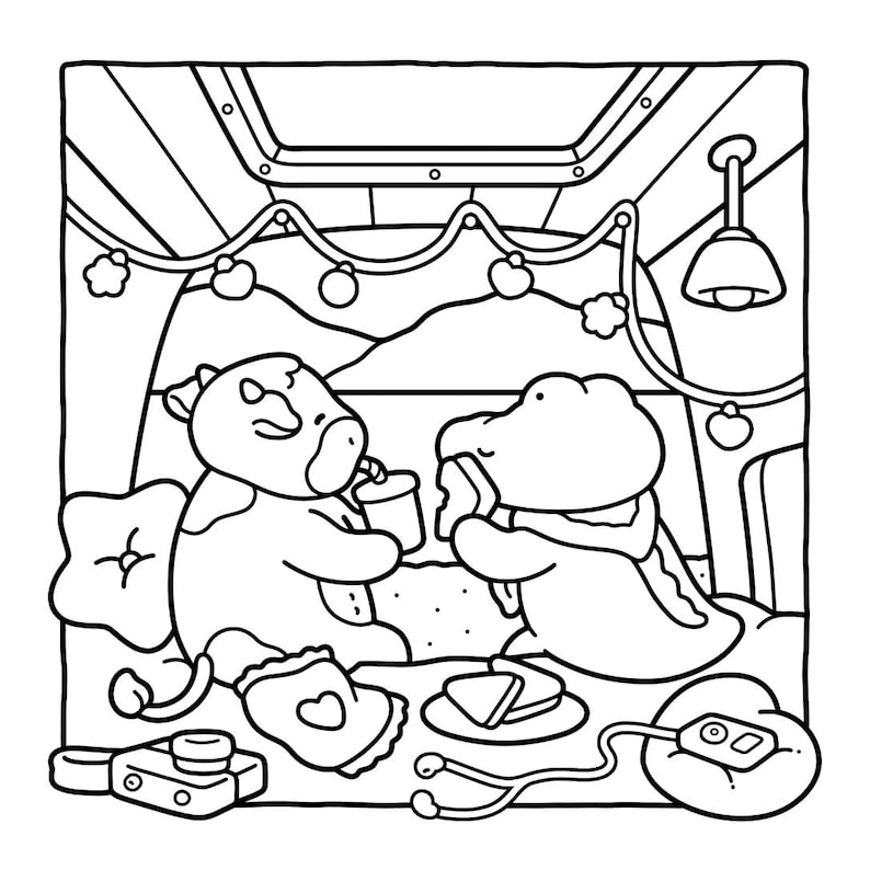 May include: Black and white line art illustration of two cartoon characters, a cow and an alligator, enjoying a picnic inside a vehicle. The cow drinks from a cup, and the alligator eats a sandwich. A camera, plate of sandwiches, and other items are also present.