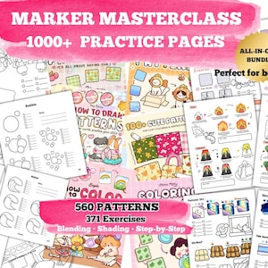 Könnte beinhalten: Eine Sammlung von Mal- und Zeichenübungsseiten. Die Seiten zeigen den Text "MARKER MASTERCLASS" und "1000+ PRACTICE PAGES". Die Seiten enthalten Übungen zum Mischen, Schattieren und Schritt-für-Schritt-Zeichnen. Das Bundle ist für Anfänger konzipiert.