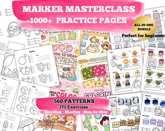 Ultimate Alcohol Marker Workbook Bundle, 1000+ Practice Pages, Blending & Shading Guide, Swatch Charts, Coloring Exercises for Ohuhu, Copic