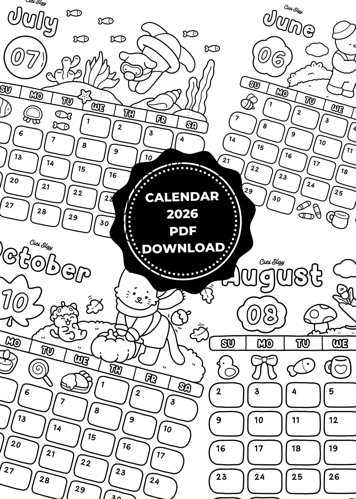 Cute Coloring Calendar 2026 Printable – Kawaii Animal Coloring Pages ...