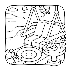 May include: Black and white illustration of a beach scene with a swing, small table, and beach accessories. A beach ball, starfish, and a round mat are on the wooden floor. The table holds watermelon slices and a sundae.