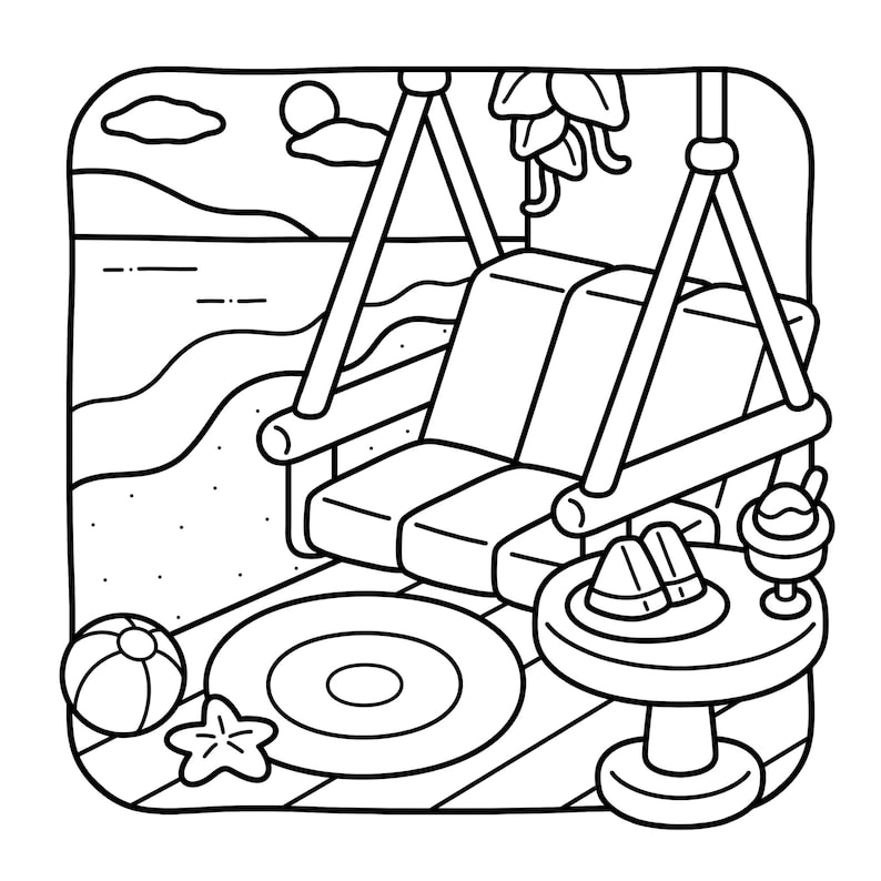 May include: Black and white illustration of a beach scene with a swing, small table, and beach accessories. A beach ball, starfish, and a round mat are on the wooden floor. The table holds watermelon slices and a sundae.