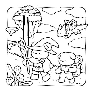 Może przedstawiać: Czarno-biała ilustracja sceny fantasy z dwoma postaciami przypominającymi niedźwiedzie i smokiem. Jeden niedźwiedź nosi kapelusz czarodzieja i pelerynę, trzymając laskę. Drugi niedźwiedź niesie plecak. Smok leci po niebie.