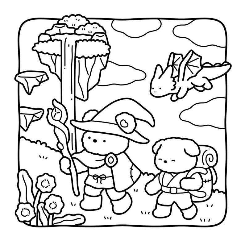 Może przedstawiać: Czarno-biała ilustracja sceny fantasy z dwoma postaciami przypominającymi niedźwiedzie i smokiem. Jeden niedźwiedź nosi kapelusz czarodzieja i pelerynę, trzymając laskę. Drugi niedźwiedź niesie plecak. Smok leci po niebie.