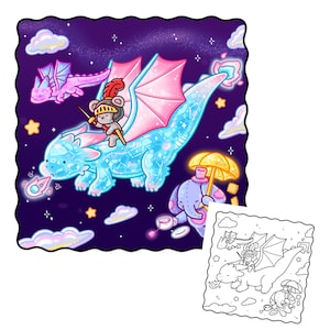 May include: A whimsical illustration depicts a knightly bear riding a sparkling blue dragon through a starry night sky. The dragon has pink wings and is accompanied by other fantastical creatures. The artwork has a fairytale theme with a coloring page version in the corner.