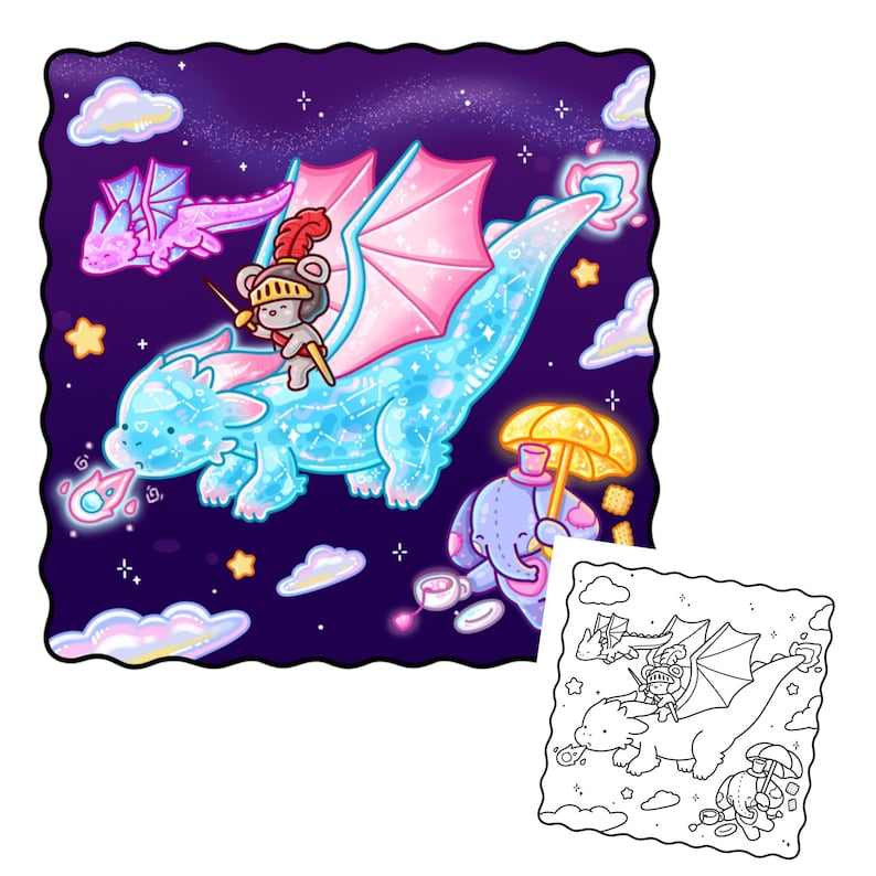 May include: A whimsical illustration depicts a knightly bear riding a sparkling blue dragon through a starry night sky. The dragon has pink wings and is accompanied by other fantastical creatures. The artwork has a fairytale theme with a coloring page version in the corner.