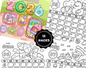 Cute Coloring Calendar 2026 Printable – Kawaii Animal Coloring Pages Calendar – 13 Page Coloring Calendar, Instant Download