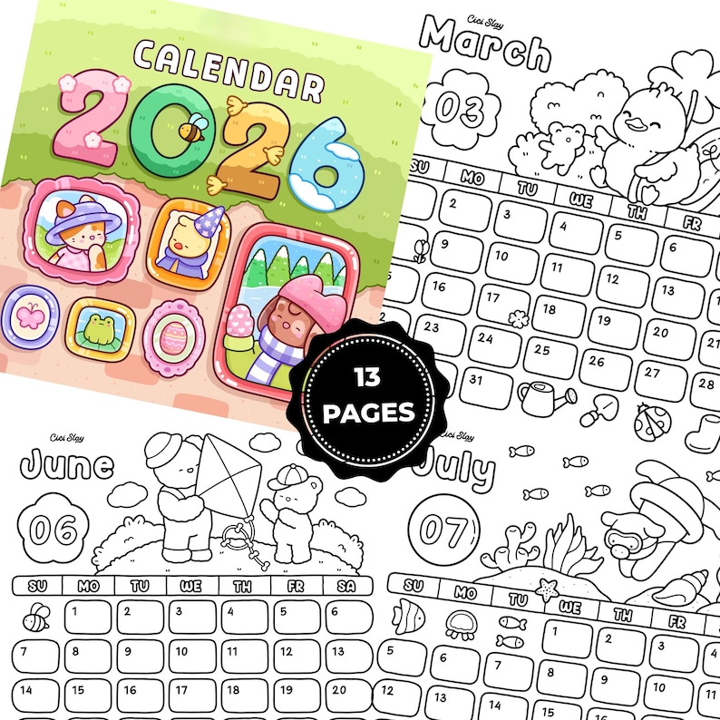 Cute Coloring Calendar 2026 Printable – Kawaii Animal Coloring Pages ...