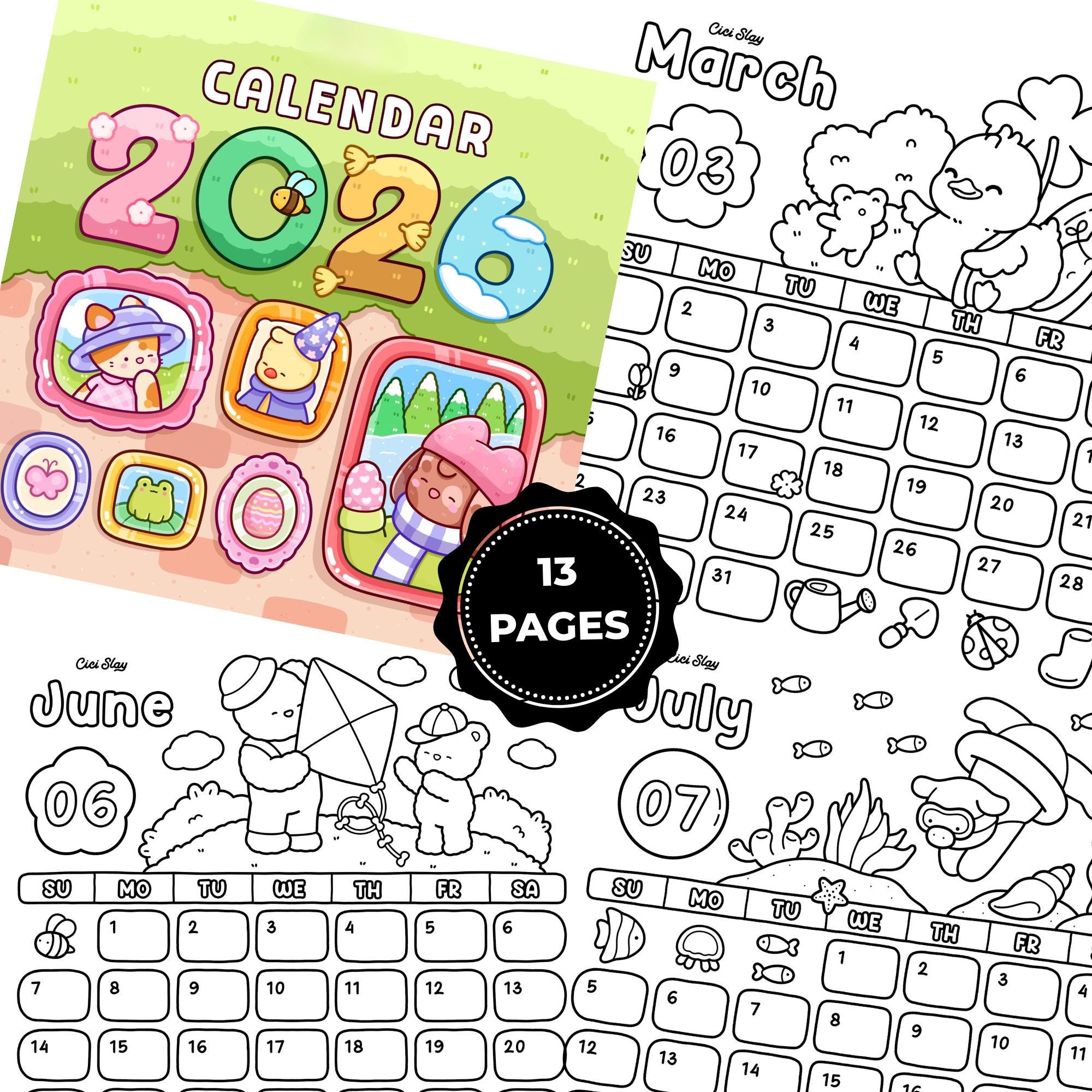 Cute Coloring Calendar 2026 Printable – Kawaii Animal Coloring Pages ...