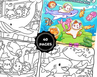 Cute Ocean Animals Coloring Book – Kawaii Sea Creatures Coloring Pages, Easy & Relaxing Coloring Book for Kids, Printable PDF