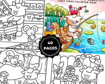 Cozy Coloring Book Printable PDF – Cute Animal Coloring Pages for Kids & Adults – Relaxing Kawaii Daily Life Coloring Book – Little Moments