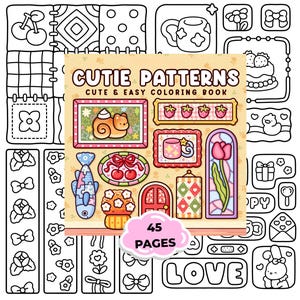 Peut inclure: Un livre de coloriage intitulé "Cutie Patterns" avec une couverture jaune clair et diverses illustrations mignonnes. La couverture présente un escargot, des fraises, une tasse et une tulipe. Le livre contient 45 pages et est entouré de gribouillis en noir et blanc.