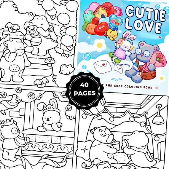 Cute Love Coloring Book Printable PDF – Kawaii Valentine Coloring Pages for Kids & Adults – Romantic Cute Animals Coloring Book