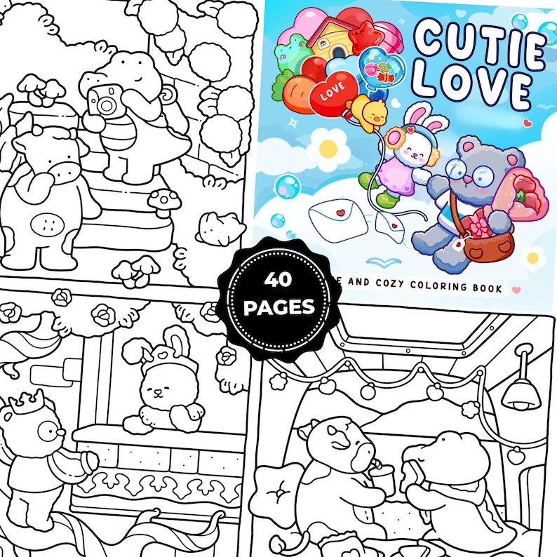 May include: A coloring book titled "Cutie Love" with a cover featuring cartoon characters and the text "Cutie Love". The book has 40 pages and includes various illustrations of animals and scenes.