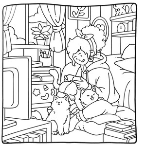 May include: Black and white illustration of a person on a sofa, playing a handheld game, with two cats. The scene includes a computer, a window with curtains, and a shelf with various items. The style is a simple line drawing.