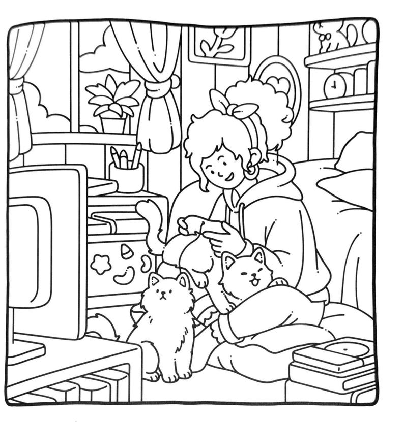 May include: Black and white illustration of a person on a sofa, playing a handheld game, with two cats. The scene includes a computer, a window with curtains, and a shelf with various items. The style is a simple line drawing.
