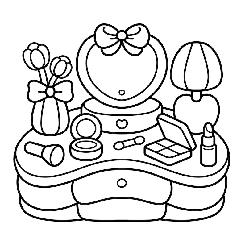 May include: A black and white illustration of a vanity table with a heart-shaped mirror, a lamp, and various makeup items. The table features a drawer and is decorated with a vase of flowers.