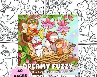 Dreamy Fuzzy Coloring Book Printable PDF, Cute Kawaii Cozy Coloring Pages for Adults & Teens, Relaxing Easy Coloring Book Vol 2