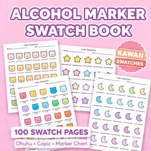 Peut inclure: Sur un fond rose, un carnet de nuancier intitulé "ALCOHOL MARKER SWATCH BOOK" est présenté. Il contient 100 pages pour les échantillons de couleurs, avec des illustrations de ours, d'étoiles et de lunes. Conçu pour Ohuhu, Copic et les tableaux de marqueurs.