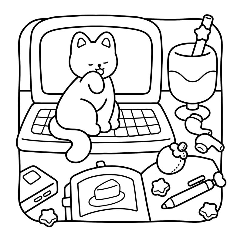 May include: Black and white cartoon illustration of a cat sitting on a laptop. A glass of drink with a straw, a pen, and other objects are on the desk. The image has a minimalist style.
