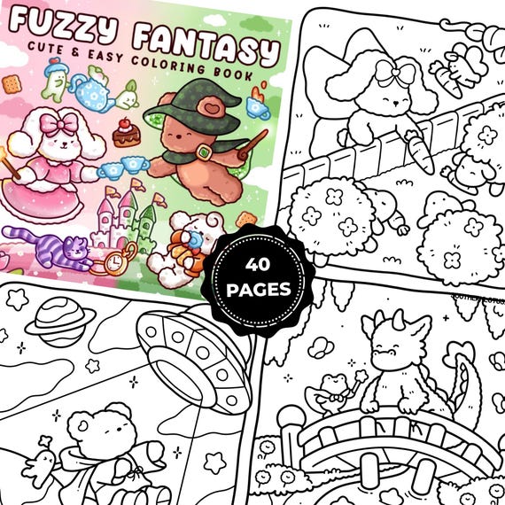 Fuzzy Fantasy Coloring Book Printable – Cute Kawaii Fantasy Animals Coloring Pages – Cozy Magical Coloring Book – Easy Bold Digital Download