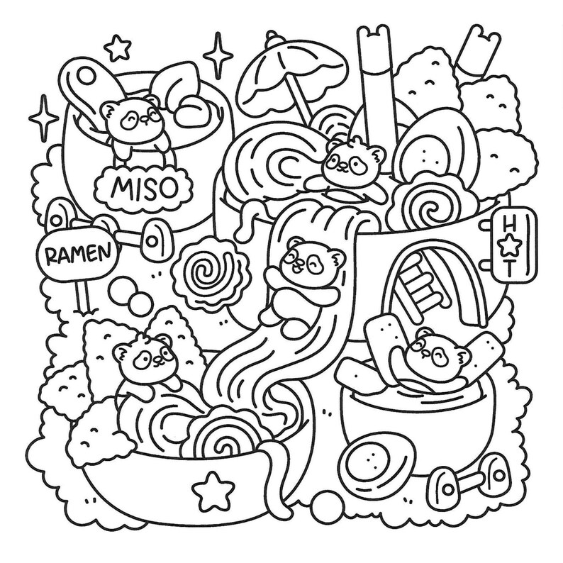 May include: Black and white illustration of a whimsical scene featuring panda bears enjoying ramen and miso soup. The image includes the words "MISO", "RAMEN", and "HOT". Other elements include a slide, an umbrella, and stars.