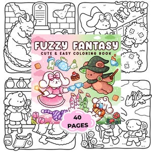 Może przedstawiać: Wyświetlany jest kolorowanka zatytułowana "Fuzzy Fantasy" z tekstem "Cute & Easy Coloring Book". Okładka zawiera ilustracje uroczych postaci, w tym misia w kapeluszu czarownicy, kr&oacute;lika i zamku. Książka ma 40 stron.