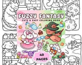 Fuzzy Fantasy Coloring Book Printable – Cute Kawaii Fantasy Animals Coloring Pages – Cozy Magical Coloring Book – Easy Bold Digital Download
