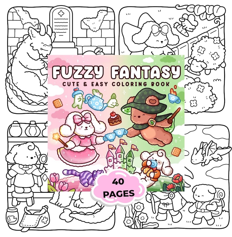 Może przedstawiać: Wyświetlany jest kolorowanka zatytułowana "Fuzzy Fantasy" z tekstem "Cute & Easy Coloring Book". Okładka zawiera ilustracje uroczych postaci, w tym misia w kapeluszu czarownicy, kr&oacute;lika i zamku. Książka ma 40 stron.