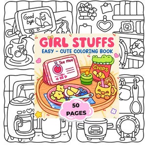 Peut inclure: Un livre de coloriage en noir et blanc intitulé "Girl Stuffs" avec le sous-titre "Easy - Cute Coloring Book". La couverture présente diverses illustrations mignonnes, notamment de la nourriture, une télévision et un lecteur de musique. Le livre compte 50 pages.