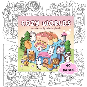 May include: A coloring book titled "COZY WORLDS" with a colorful illustration of a bakery scene. The cover features the text "cute & comfy coloring book" and "40 PAGES". Surrounding the book are black and white line drawings of various scenes.