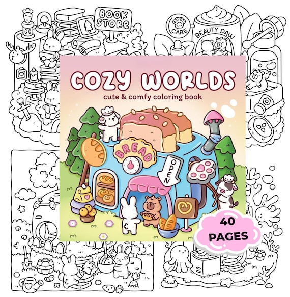 Cozy Worlds Coloring Book Printable PDF, Cute Kawaii Cozy Coloring Pages for Adults & Teens, Comfy Aesthetic Coloring Book, Easy Relaxing