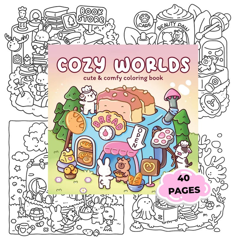 May include: A coloring book titled "COZY WORLDS" with a colorful illustration of a bakery scene. The cover features the text "cute & comfy coloring book" and "40 PAGES". Surrounding the book are black and white line drawings of various scenes.