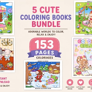 May include: A collection of five cute coloring books with charming illustrations. The image displays the text "5 Cute Coloring Books Bundle" and "153 Pages". The books feature themes such as a carousel, swing, dancing animals, a winter scene, and a calendar.