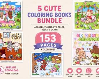 Cute Coloring Books Bundle | 153 Coloring Pages PDF | Cozy Kawaii Animal Coloring Book Set | Bold and Easy Coloring Pages | Instant Download