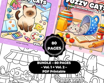 Fuzzy Cats Coloring Book Bundle – Vol. 1 + Vol. 2 | Cute Cat Coloring Pages Printable PDF (80 Pages)