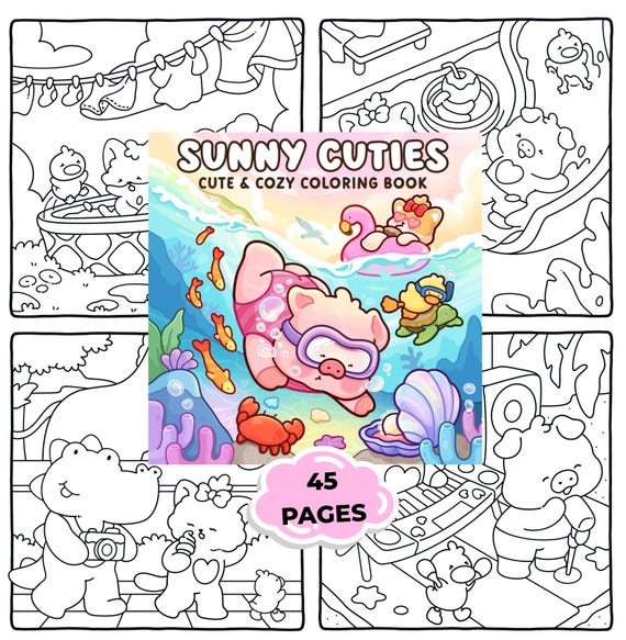 Summer Coloring Book PDF – Cute Fuzzy Animals, Sunny Days Coloring Pages, Bold & Easy Coloring Book, 45 Pages Printable
