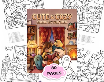 Cute & Cozy Color by Number, Printable Coloring Pages for Adults, 80 Pages PDF, Relaxing Kawaii Coloring Book, Instant Download