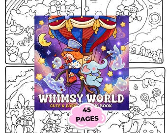 Whimsy World Coloring Book, Cute & Easy Coloring Pages for Adults, 45 Pages Printable PDF, Kawaii Fantasy Coloring Book, Instant Download