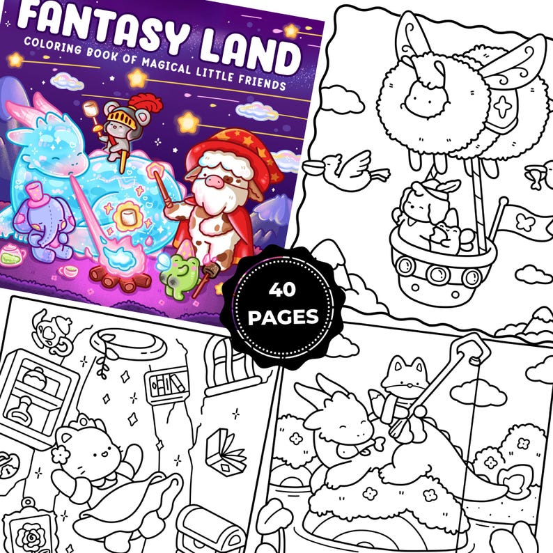 May include: A "Fantasy Land" coloring book with a purple cover featuring a dragon, a mouse knight, and a cow character. The book has 40 pages of magical little friends. The image also shows several black and white coloring pages.