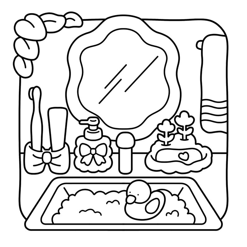 May include: Black and white illustration of a bathroom scene. A wavy-edged mirror hangs above a sink filled with bubbles and a rubber duck. Other items include a toothbrush, soap dispenser, and decorative plants.