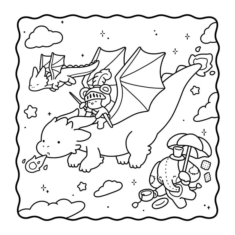 May include: Black and white line art illustration of a dragon with a knight riding on its back, another dragon flying above, and a creature with an umbrella. The image has a whimsical, fantasy theme.