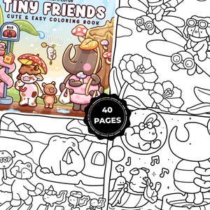 Peut inclure: Un livre de coloriage intitulé "Tiny Friends" avec une couverture représentant des animaux de dessins animés et le texte "Cute & Easy Coloring Book". Le livre contient une illustration en noir et blanc de divers animaux et fleurs. La couverture porte un badge circulaire indiquant "40 PAGES".