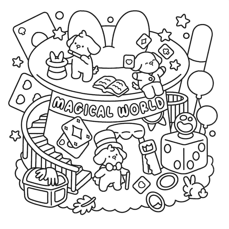 May include: Black and white illustration of a magical world with cartoon dogs, playing cards, stars, and a top hat. The text "MAGICAL WORLD" is displayed on a banner. Other elements include a treasure chest, dice, and a rabbit.
