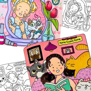 May include: Colourful illustration featuring a woman applying makeup in a mirror with a cat, and another woman reading with cats. The image includes the text "Home Sweet Home" and various cat-themed decorations. The style is cartoonish.